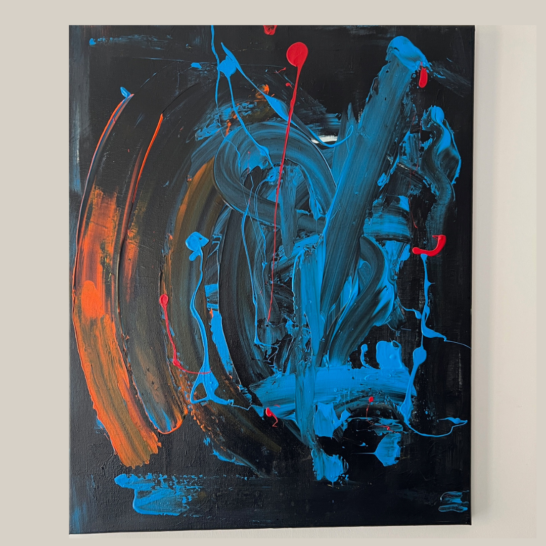 Tableau abstrait orange et noir, peinture moderne faite main sur toile coton, création expressive et élégante signée Biacha.