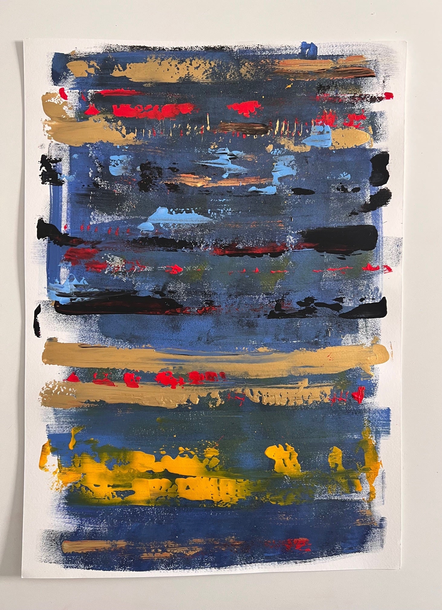 tableau abstrait moderne sur papier 400g 70x50 bleu rouge or facile à encadrer