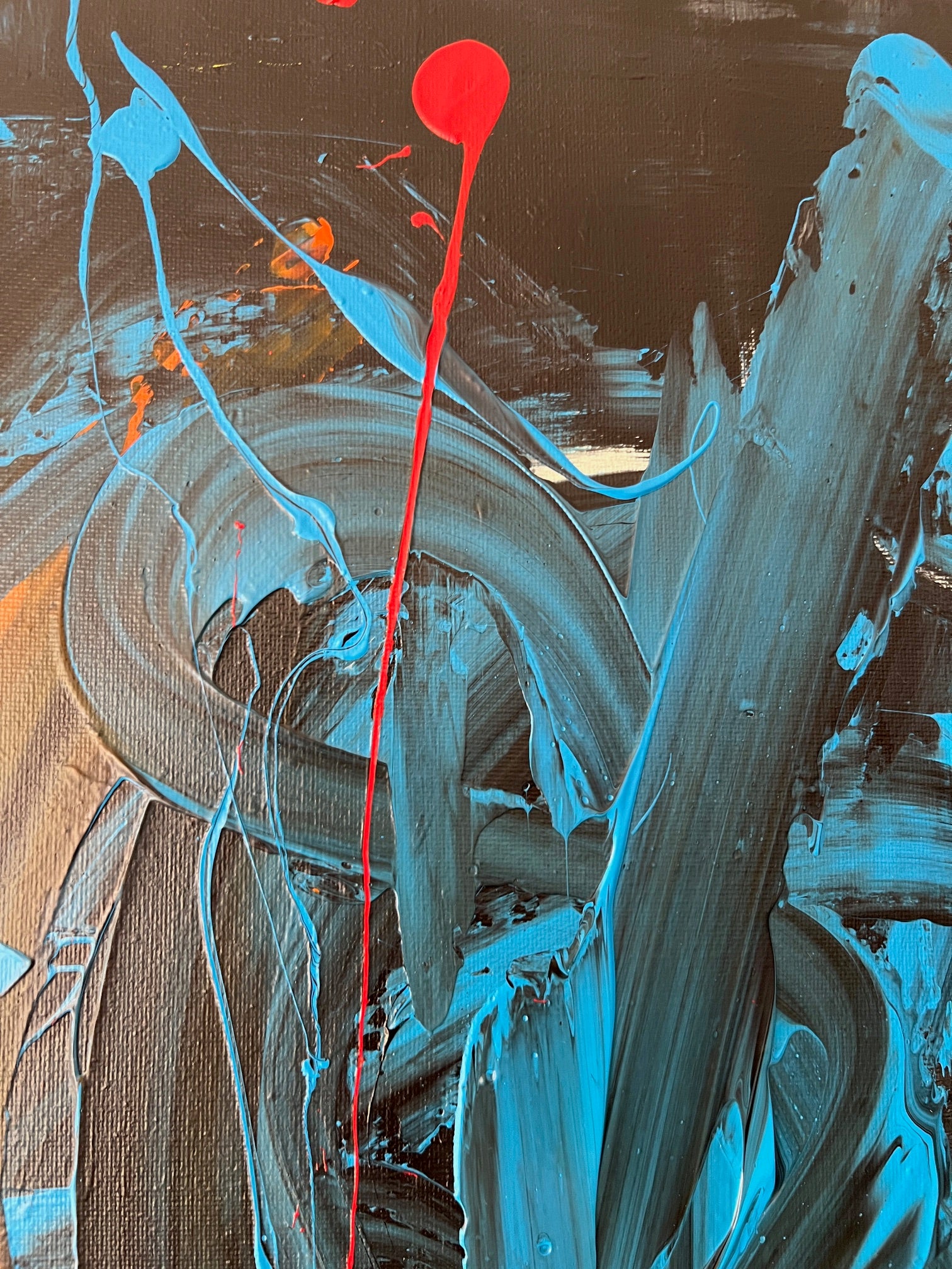 Tableau abstrait rouge et bleu , peinture moderne faite main avec reliefs, art mural expressif signé Biacha.