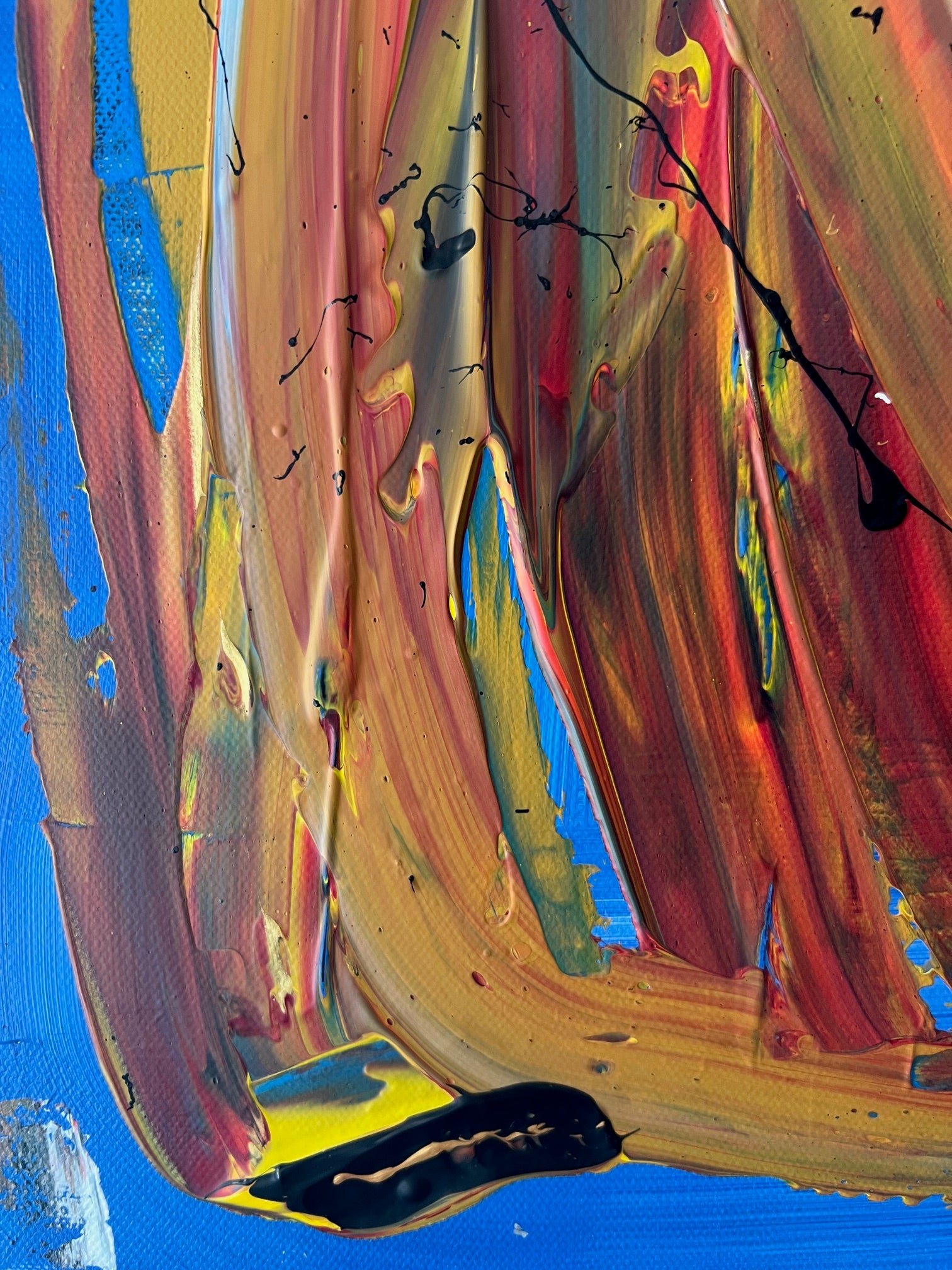 Tableau abstrait rouge  et  jaune fait main, peinture moderne sur toile coton pour déco murale épurée.