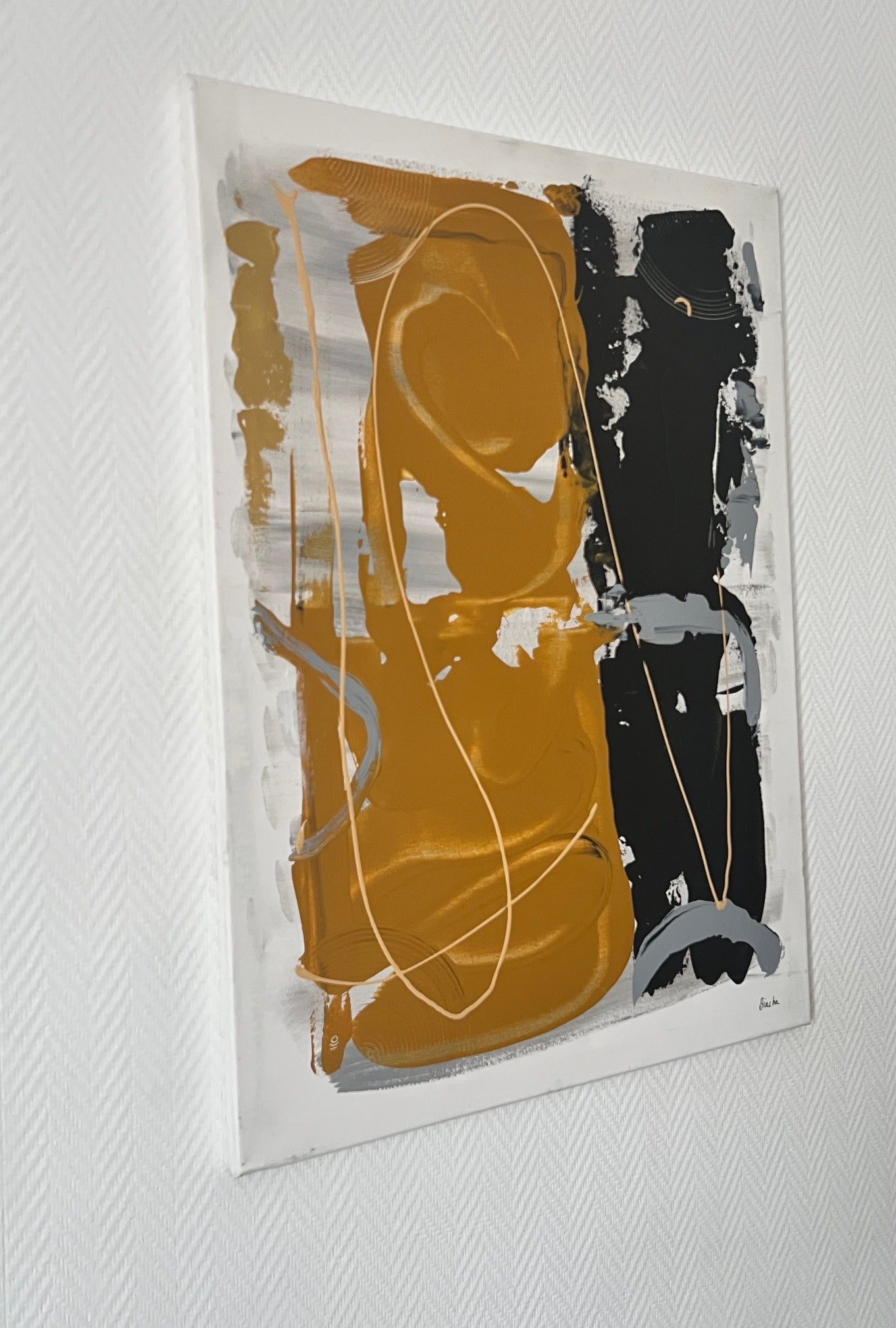 Peinture abstraite contemporaine  noir et beige 80x60 cm – Tableau fait main