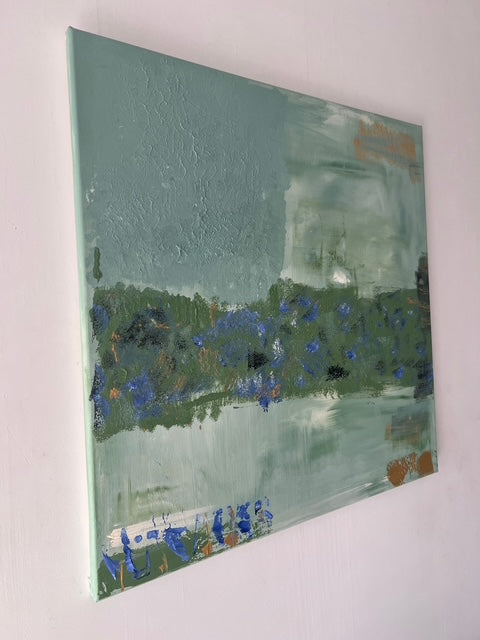 Tableau abstrait vert sauge et beige, peinture zen et apaisante, œuvre faite main idéale pour déco murale naturelle.