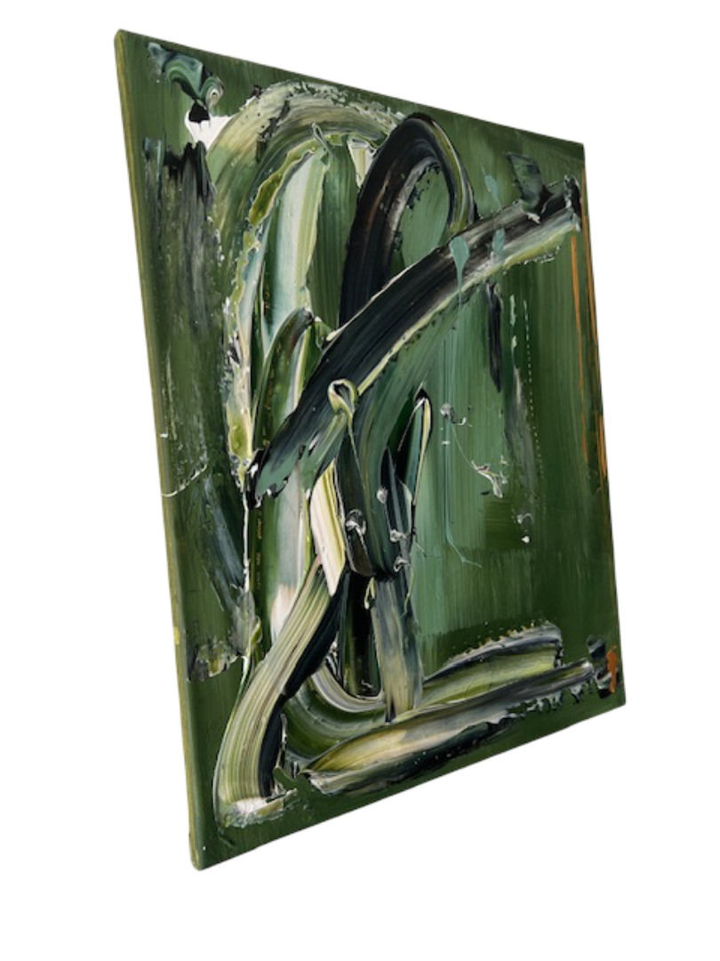 Tableau abstrait  vert  et blanc, peinture moderne en relief inspirée de la nature, œuvre signée Biacha.