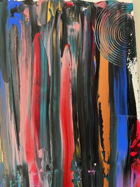 Tableau artistique aux couleurs profondes, peinture abstraite moderne en lissage vertical, création idéale pour intérieur tendanc