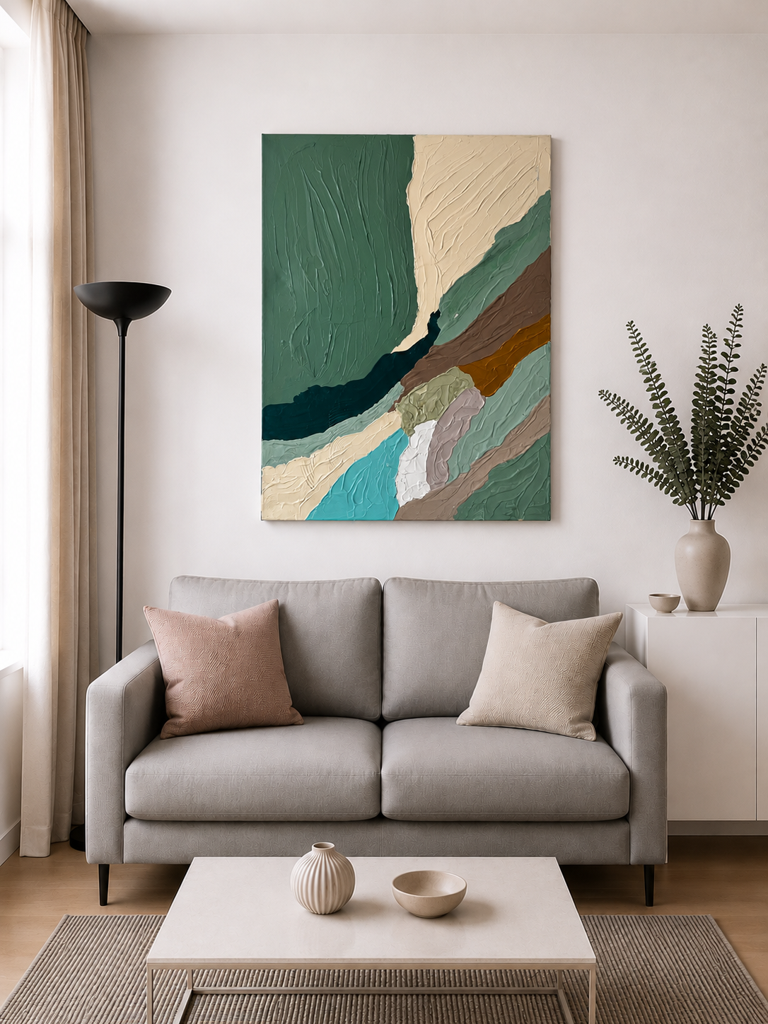 Œuvre de Biacha, artiste peintre français, tableau abstrait en relief aux couleurs vert sauge, beige, taupe et ivoire pour une décoration murale raffinée.