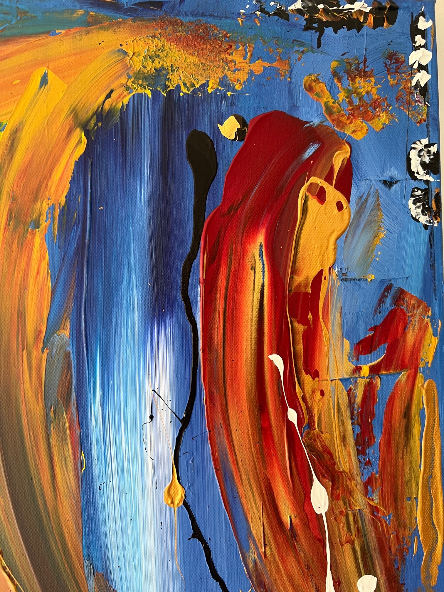 Tableau déco murale bleu  et jaune, peinture abstraite fait main, œuvre design et élégante pour intérieur moderne.