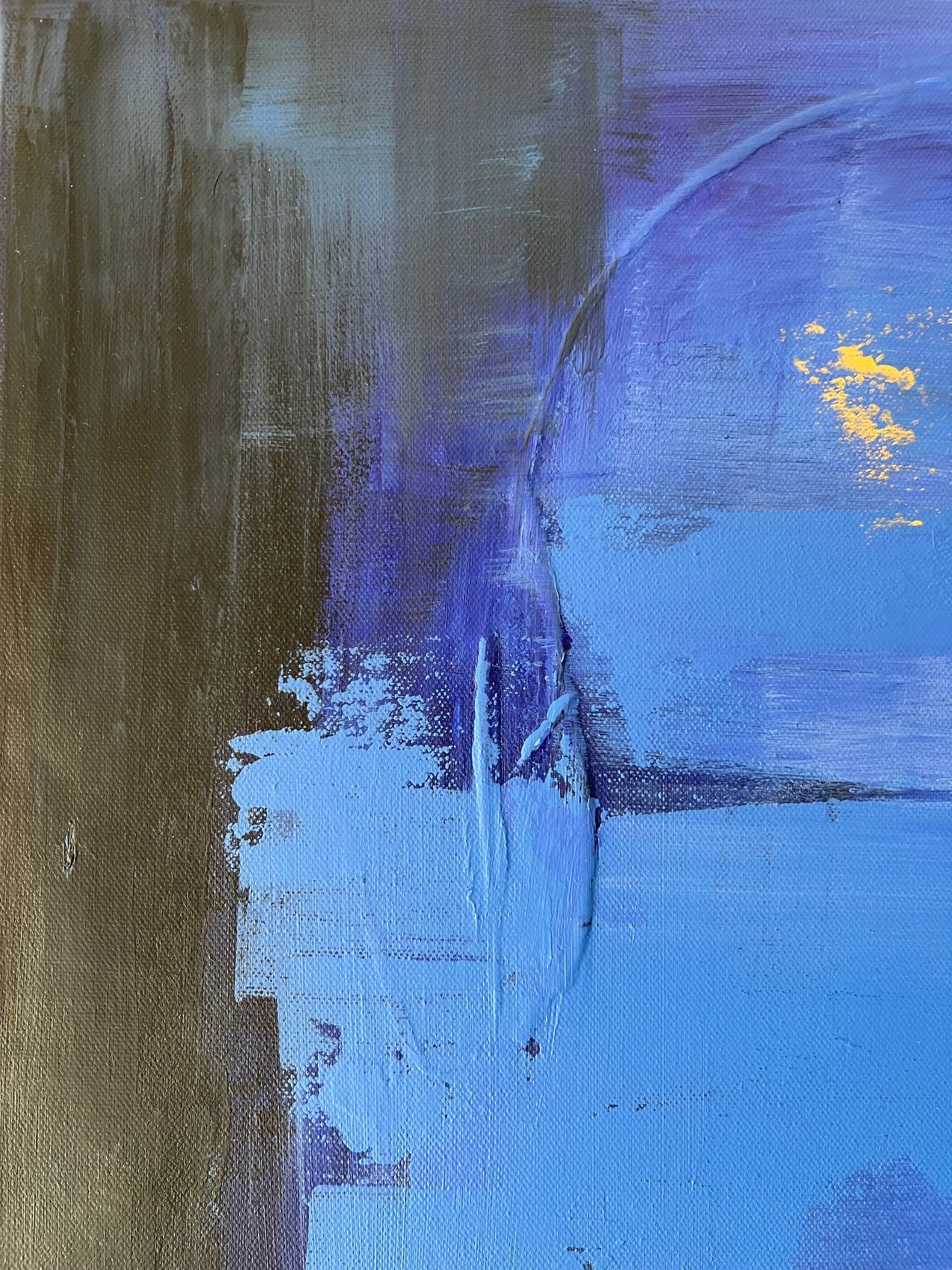 Tableau de déco murale bleu et orange, peinture abstraite en relief avec reflets dorés, œuvre moderne faite main.