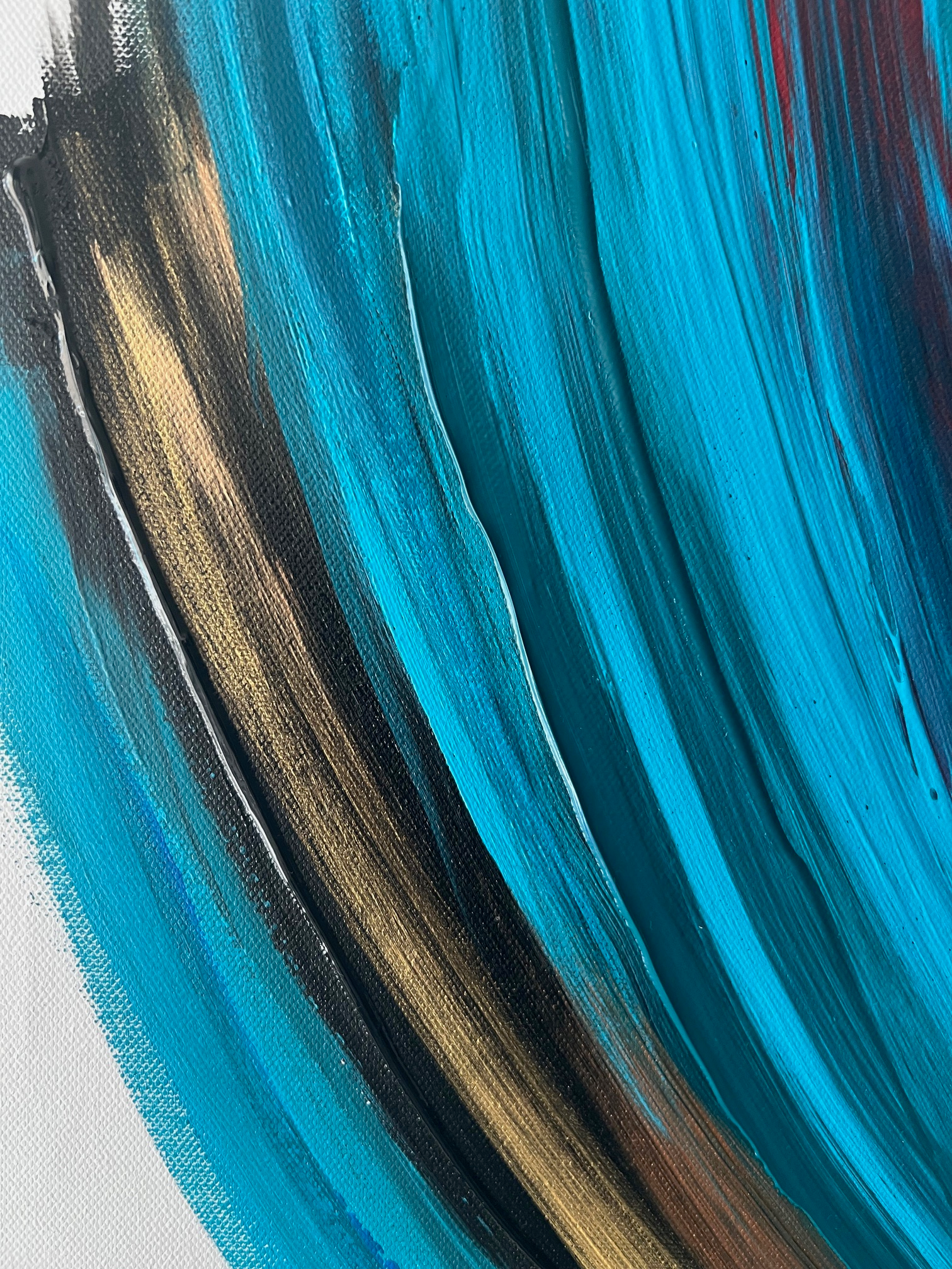 Tableau déco murale bleu, vert et doré en relief, peinture abstraite faite main sur toile coton, création artistique moderne et raffinée.