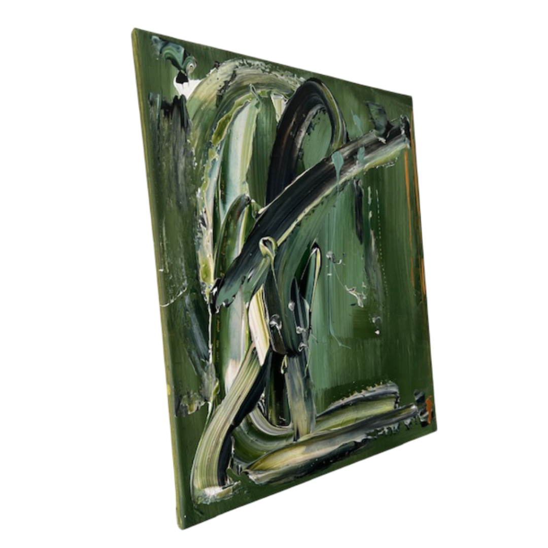 Peinture abstraite blanche et vert, finition en relief, création artisanale pour une déco élégante.