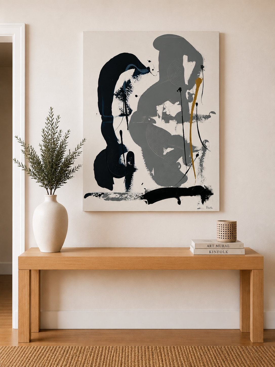 Tableau moderne en peinture acrylique, mélange de bleu marine , gris, blanc et or pour apporter du caractère à un intérieur contemporain.