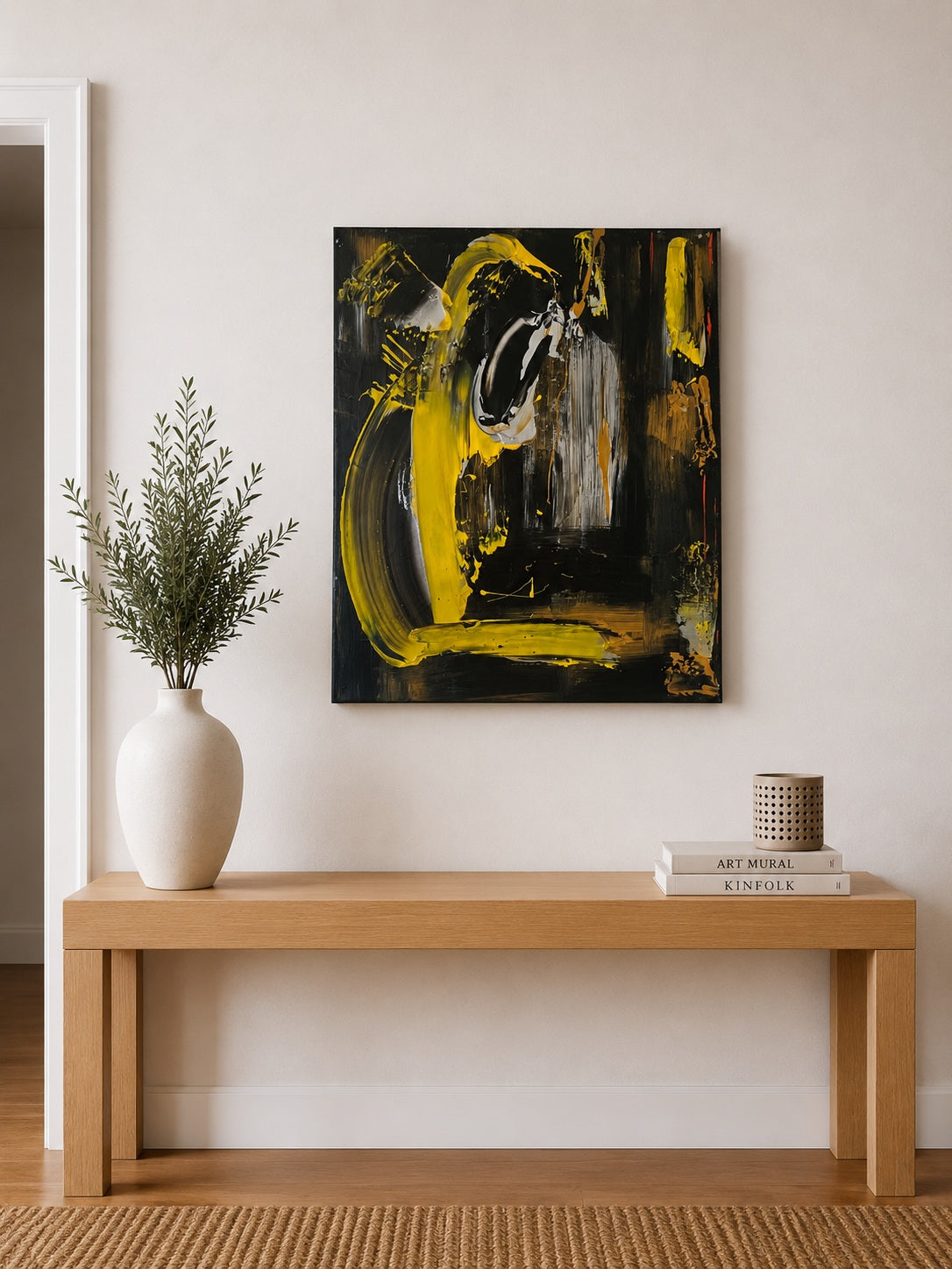 Tableau design réalisé sur toile coton, couleur  de jaune, noir, marron et gris pour un salon moderne contemporain et élégant.
