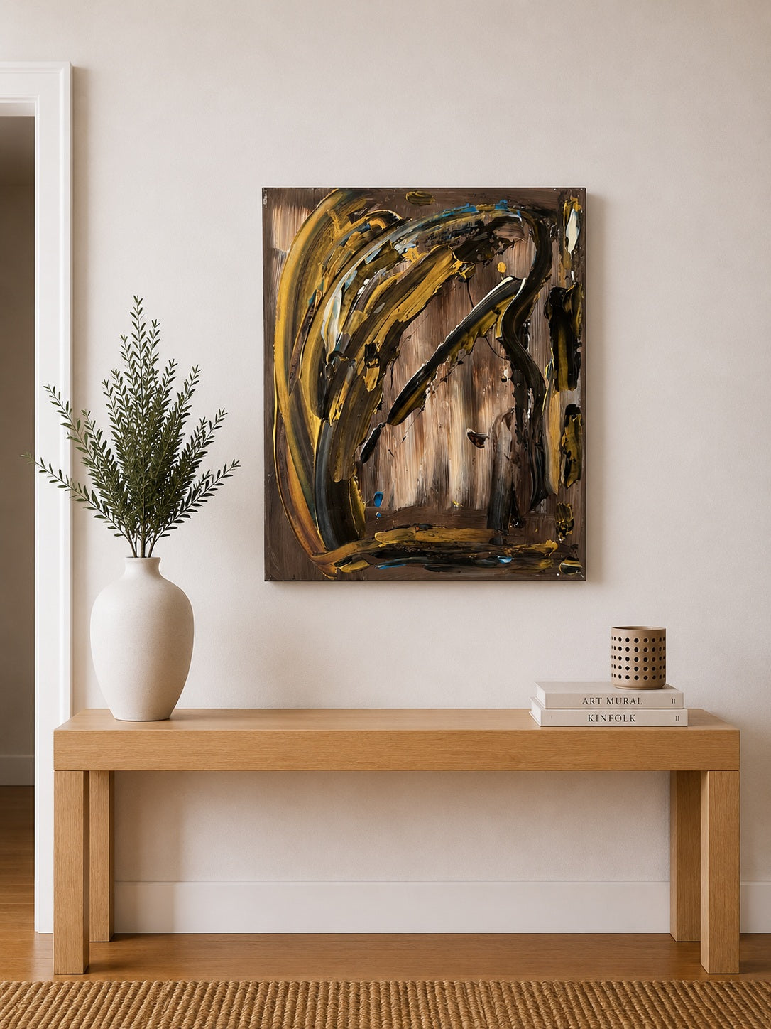 Tableau design réalisé sur toile coton, couleur marron, noir et or pour un salon moderne et élégant.