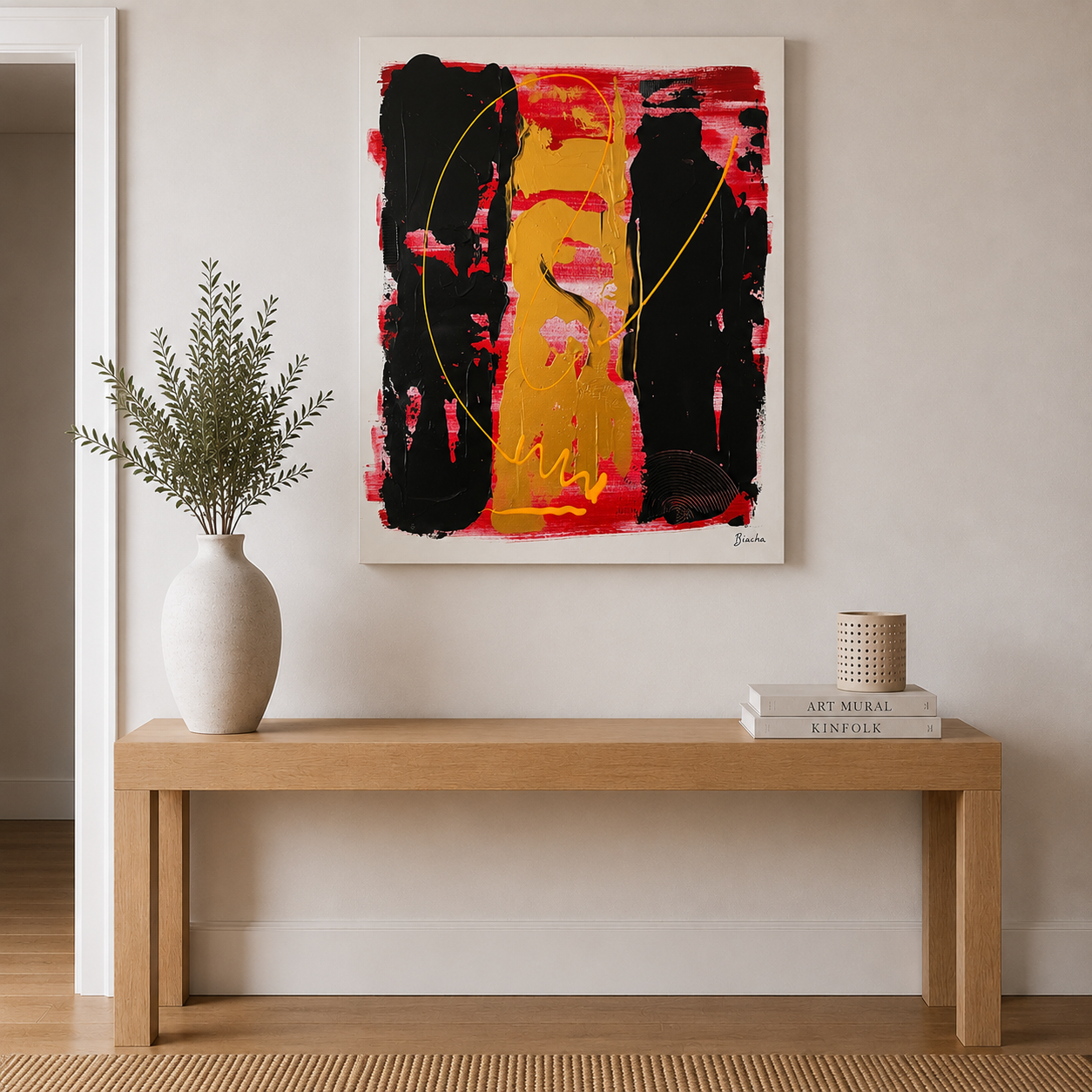 Tableau design réalisé sur toile coton, œuvre de Biacha, artiste peintre français, destinée à une décoration intérieure moderne et élégante.