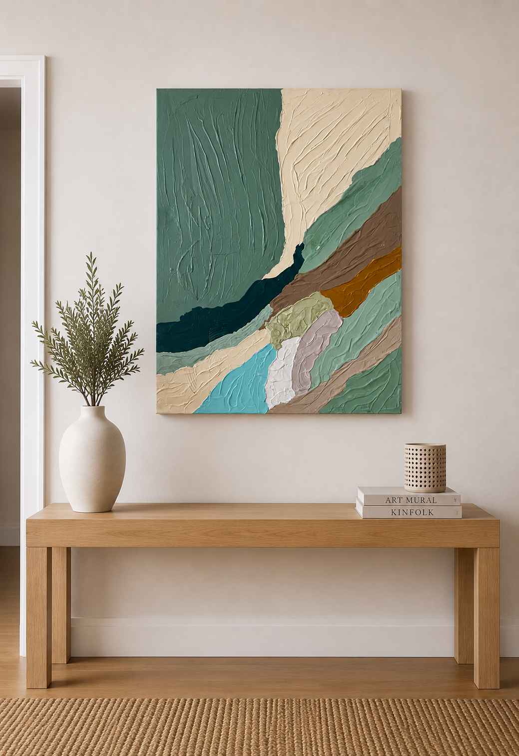 Tableau design réalisé sur toile coton, relief sculpté et harmonie de vert sauge, beige, taupe et ivoire pour un intérieur moderne.