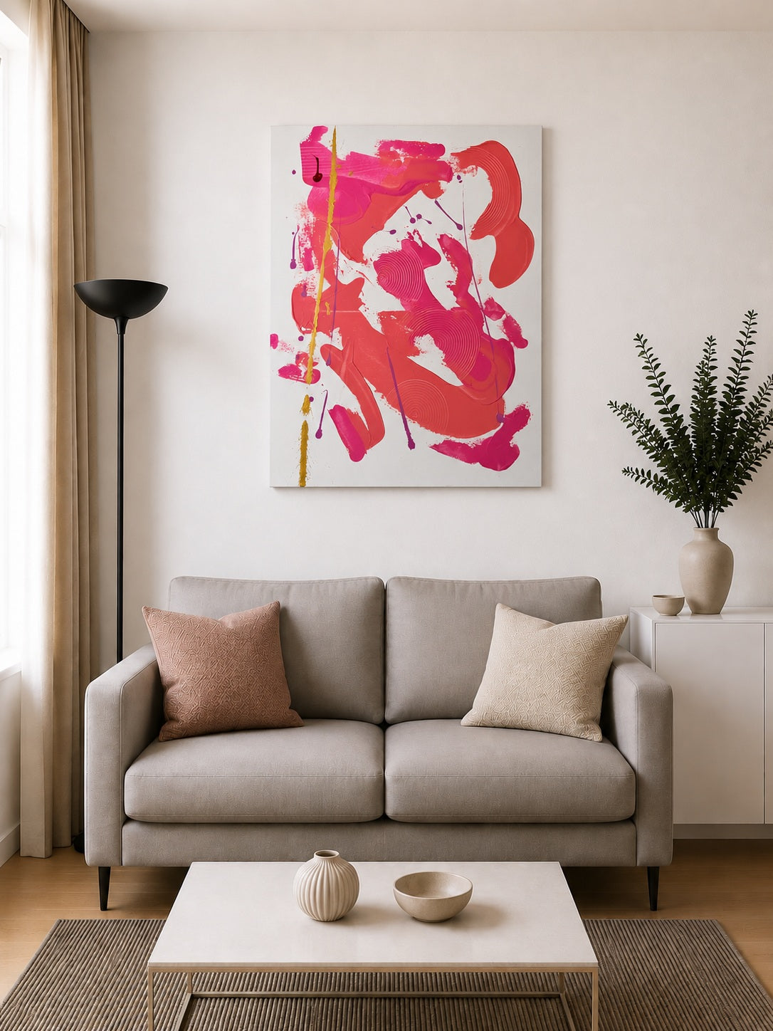 Tableau design réalisé sur toile coton, harmonie de rose, fuchsia, blanc et or pour une décoration intérieure moderne.