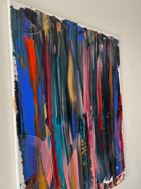 Tableau moderne pour idée déco maison contemporaine, peinture abstraite colorée et texturée, idéale pour mur de salon.