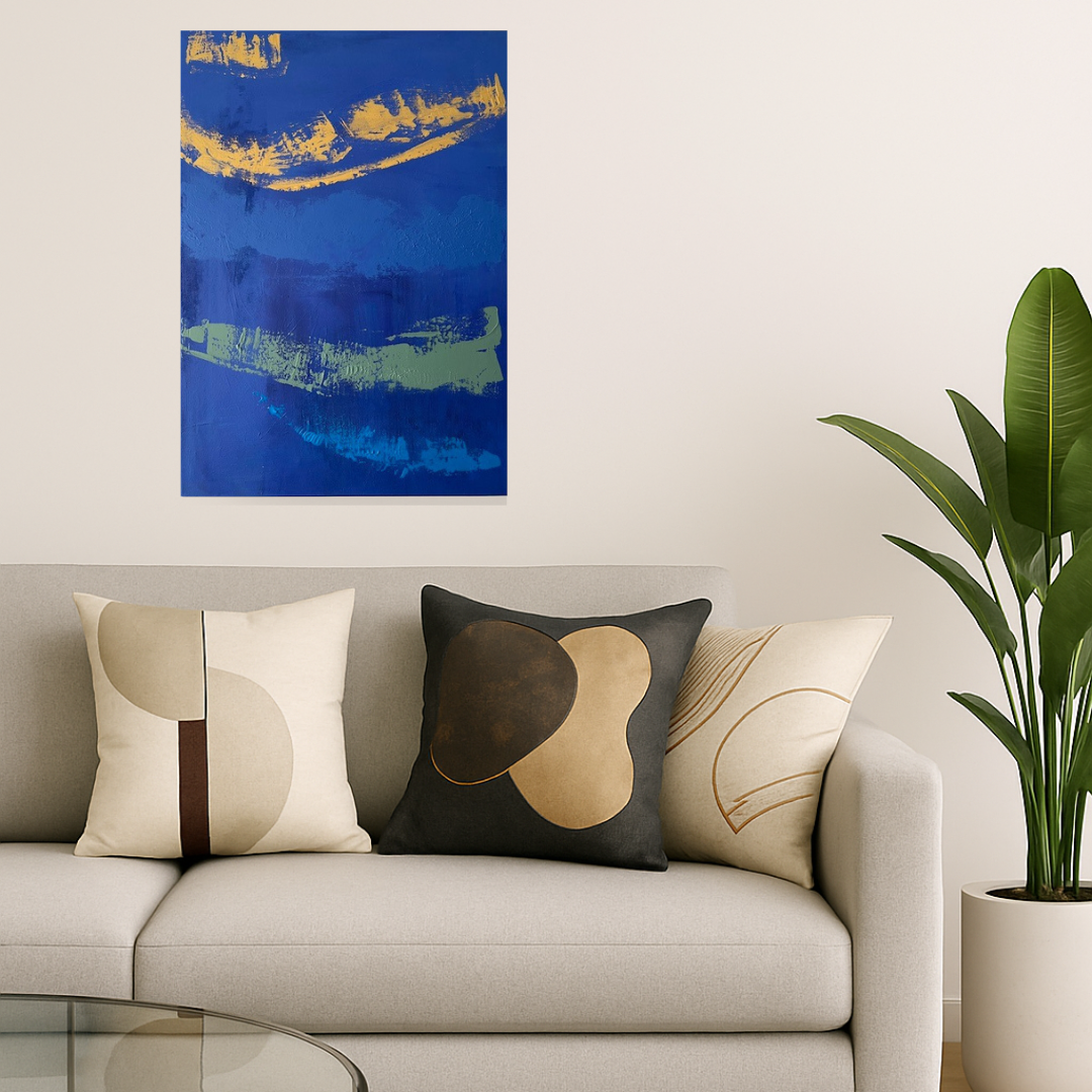 Tableau moderne bleu et or, peinture abstraite chic et équilibrée, œuvre artisanale pour intérieur contemporain.