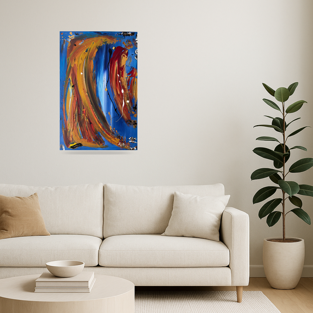 Tableau moderne bleu et orange en peinture abstraite, texture dynamique et relief signé Biacha.