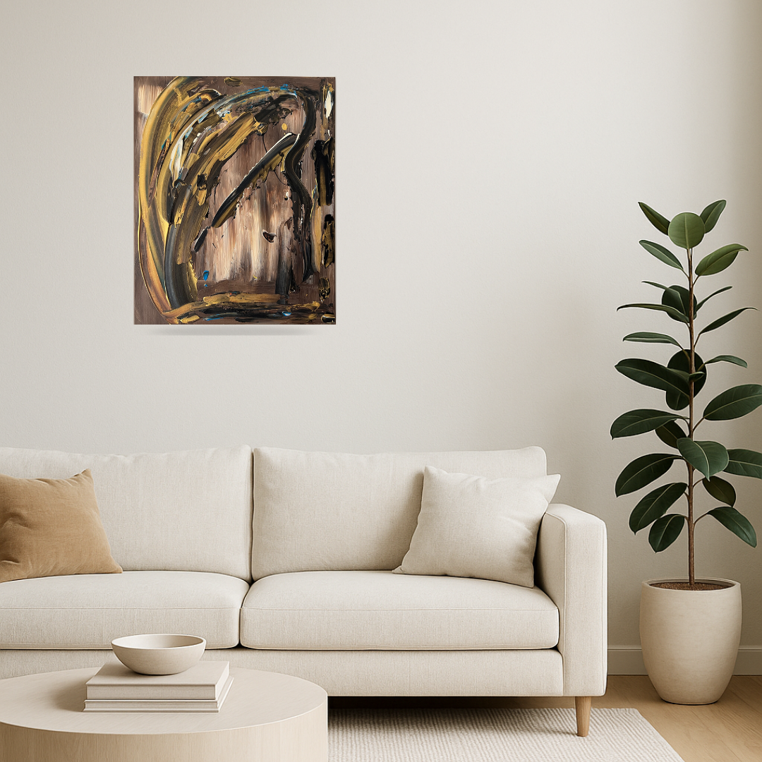 Tableau moderne camel et noir cassé, peinture abstraite contemporaine pour intérieur design.