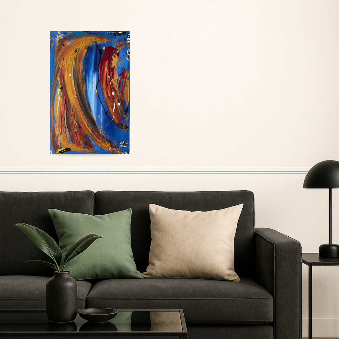Tableau moderne orange et jaune, peinture abstraite en relief signée Biacha, idéale pour salon.