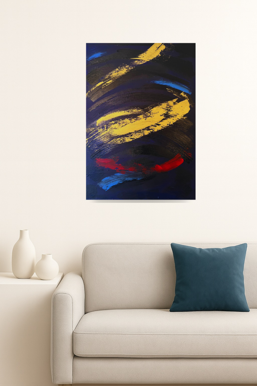 Tableau peinture  moderne déco fond bleu et or  unique sur toile pour salon mur blanc 