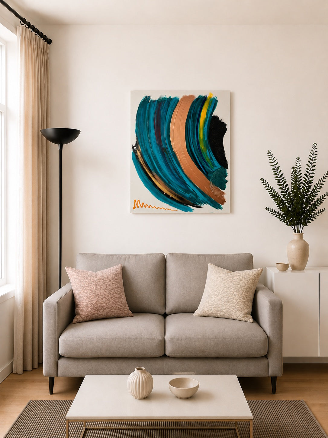 Tableau contemporain fait main avec palette bleu turquoise, cuivre et noir, conçu pour devenir le point focal d'un salon.