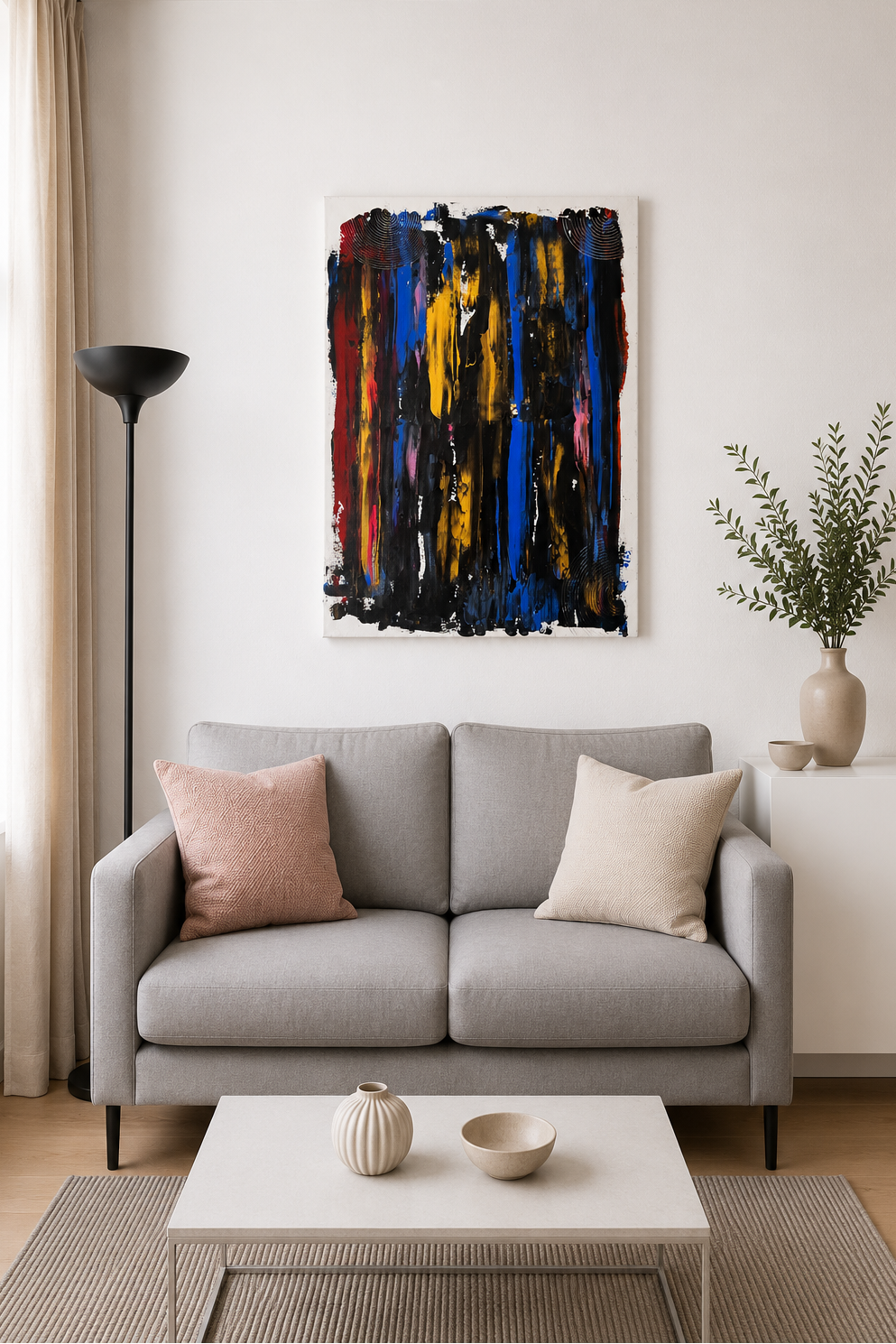 Tableau contemporain fait main aux dominantes noir, bleu et or, pensé pour habiller un mur de salon avec caractère.