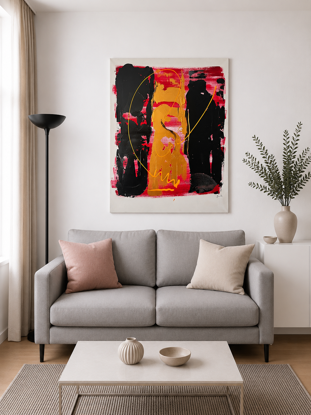 Tableau contemporain fait main avec des accents noir, rouge et or, pensé pour devenir le point central d'un salon moderne.
