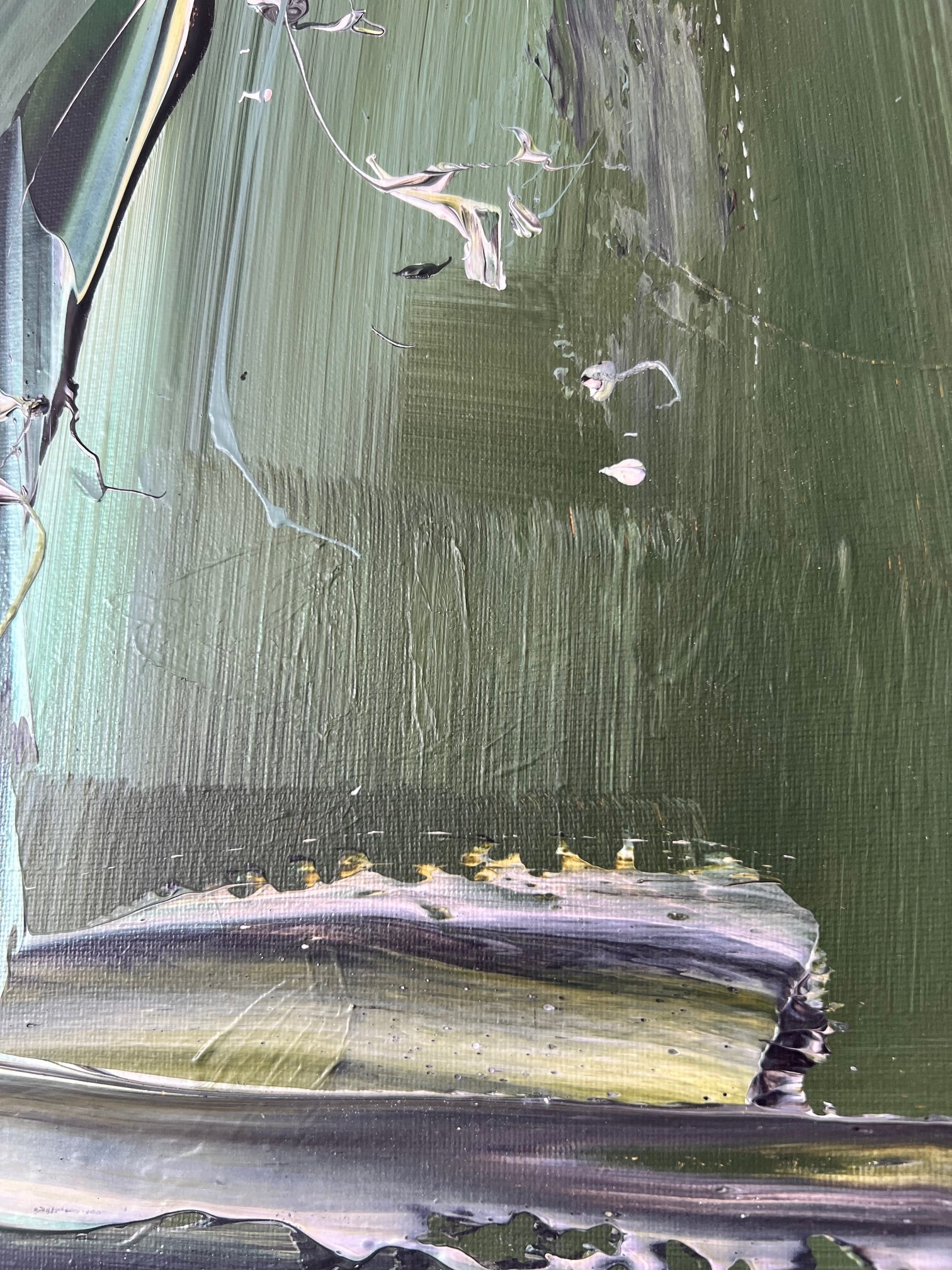 Tableau réalisé sur toile coton, fait main par Biacha, artiste peintre français, dans des tons vert, noir et blanc.