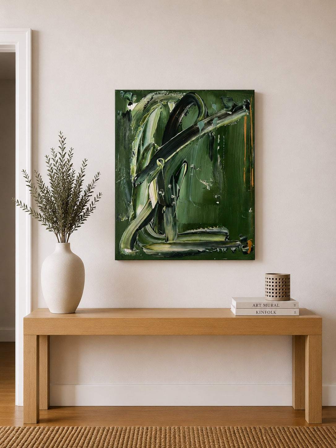 Tableau salon sur toile coton, fait main par Biacha, artiste peintre français, dans des couleurs de  vert, noir et blanc