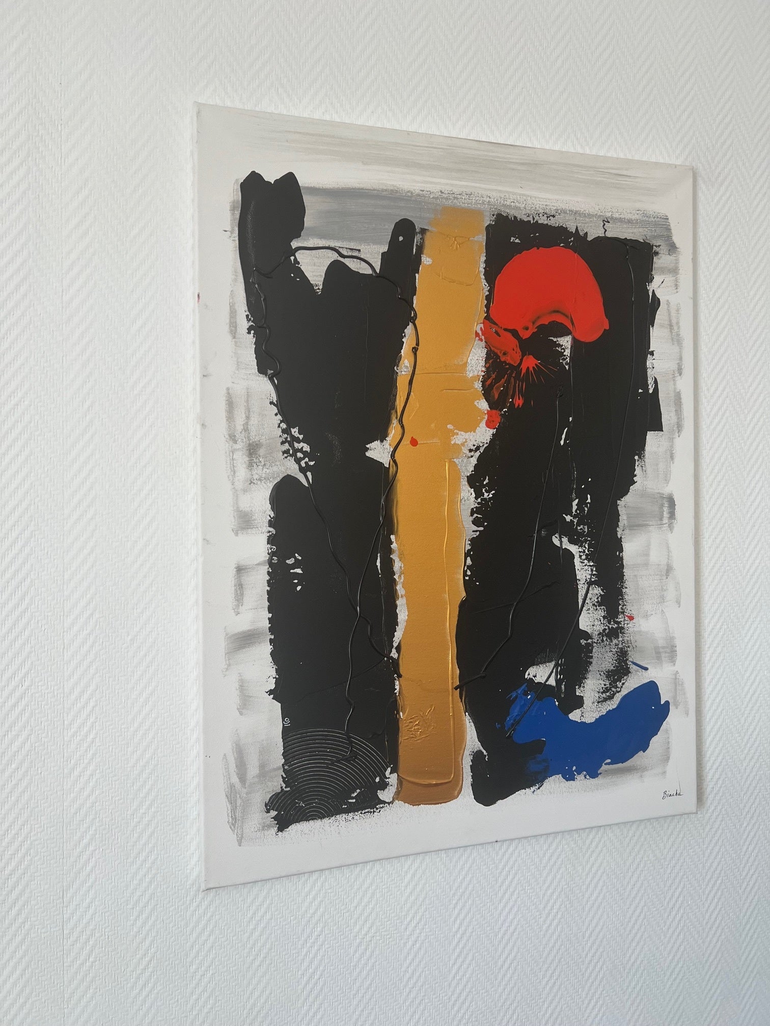 tableau  abstrait  en reief  sur toile fait main en  or et noir Par Biacha artiste peintre 