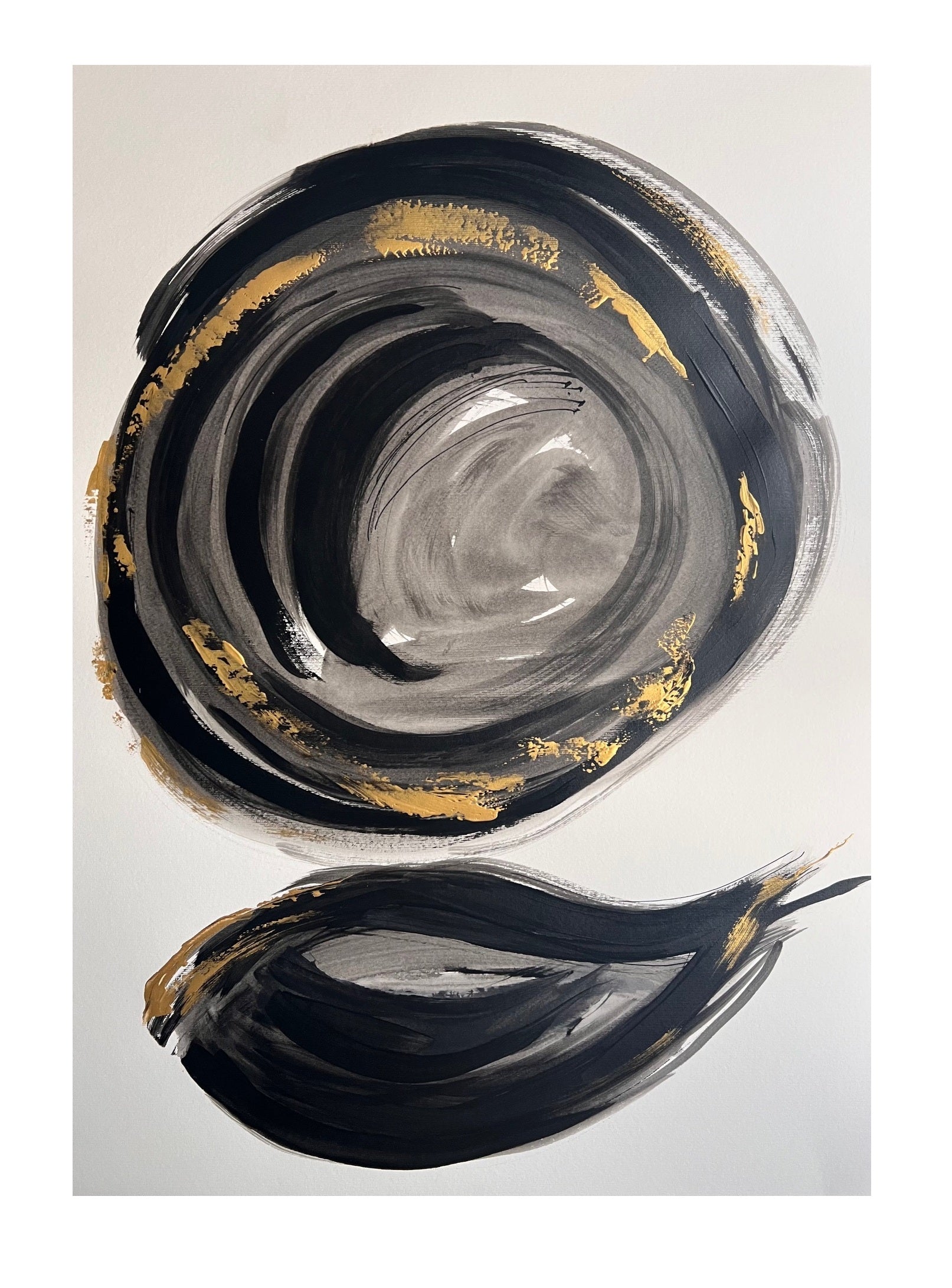 tableau abstrait  peint à la main sur papier 70x50 or et noir Biacha artiste 