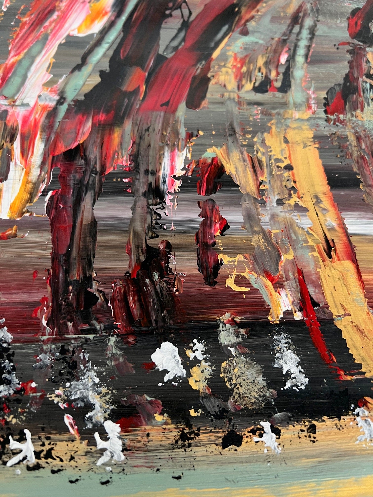 tableau  abstrait  sur papier  en relief   couleur  rouge vert sauge orange 