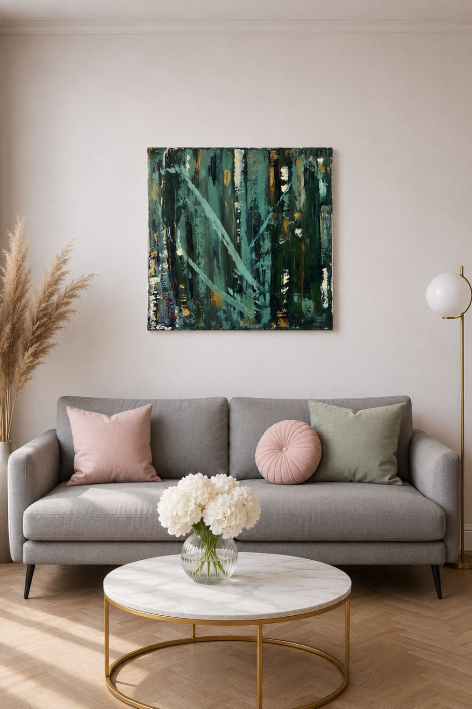 tableau  abstrait sur toile  fait main vert sauge 