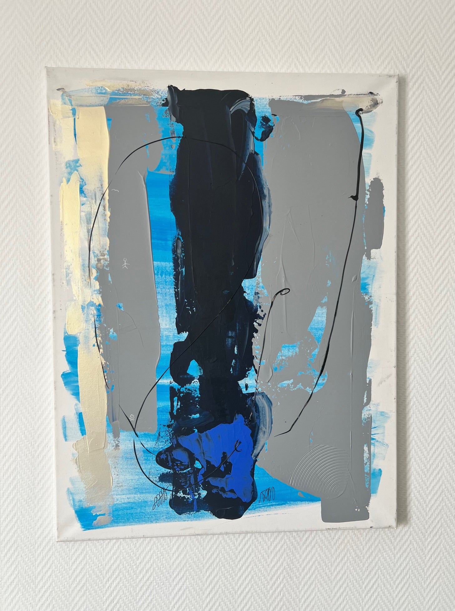 tableau abstrait  sur toile bleu et gris fait main en relief 