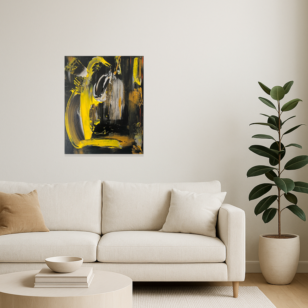 Tableau  abstrait  unique et moderne jaune et noir pour salon Biacha 