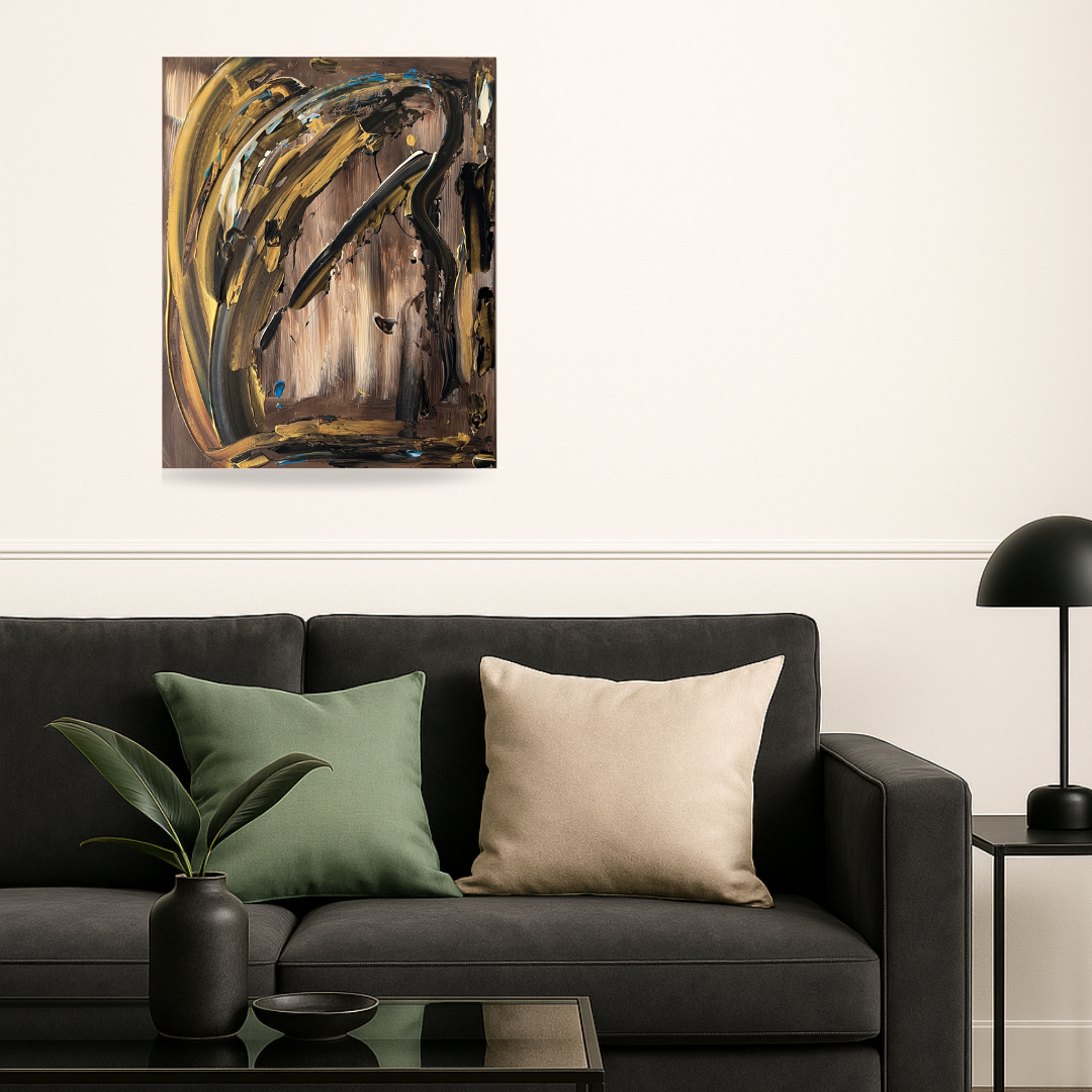 Tableau unique fait main  moderne marron et  or  idéal pour salon 