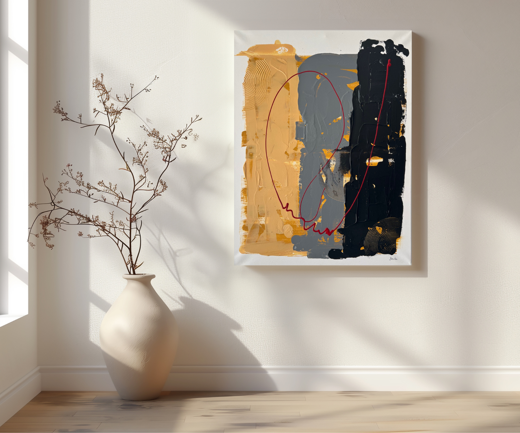 Tableau abstrait en relief beige gris noir