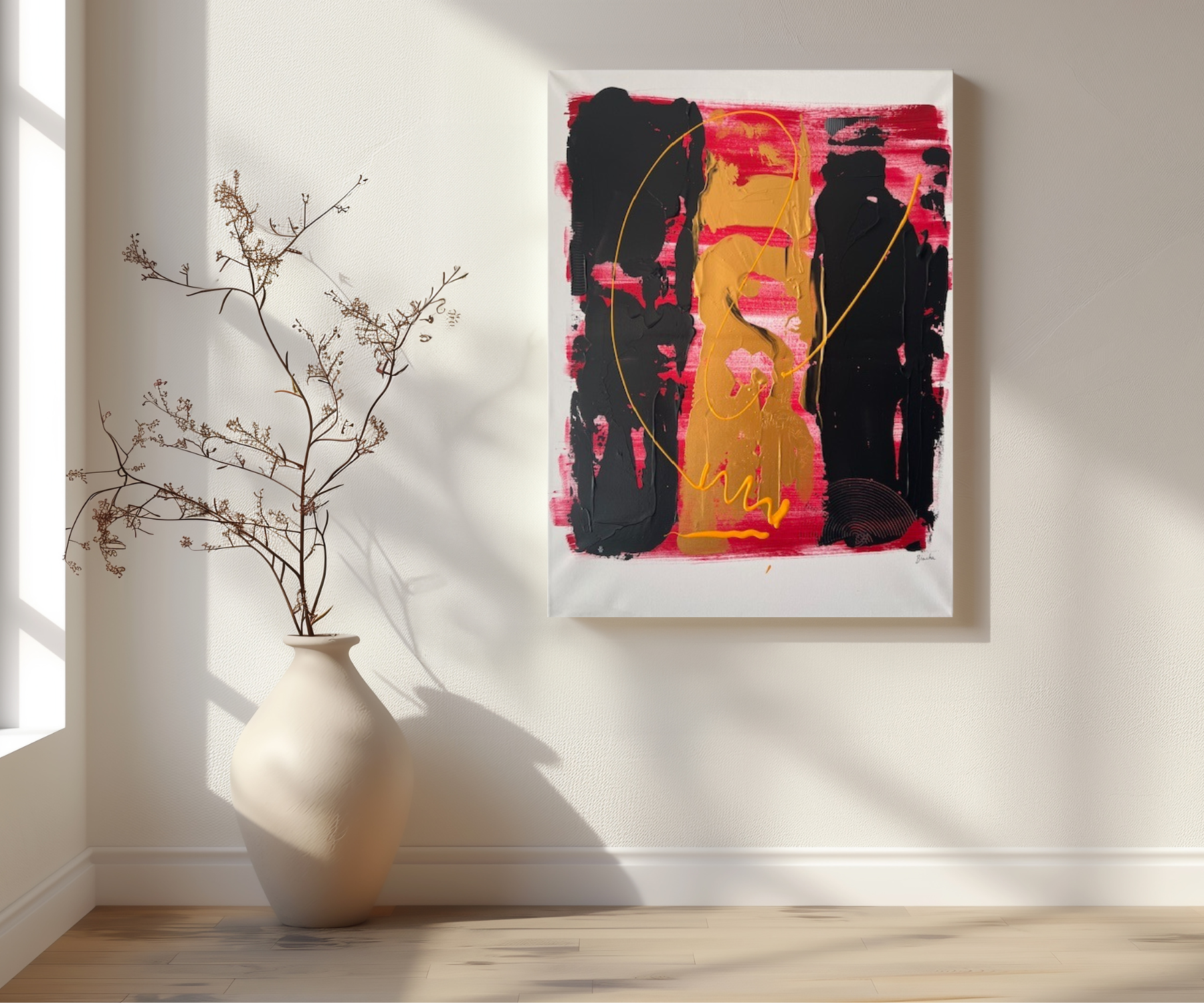 Tableau abstrait en relief rouge blanc or noir