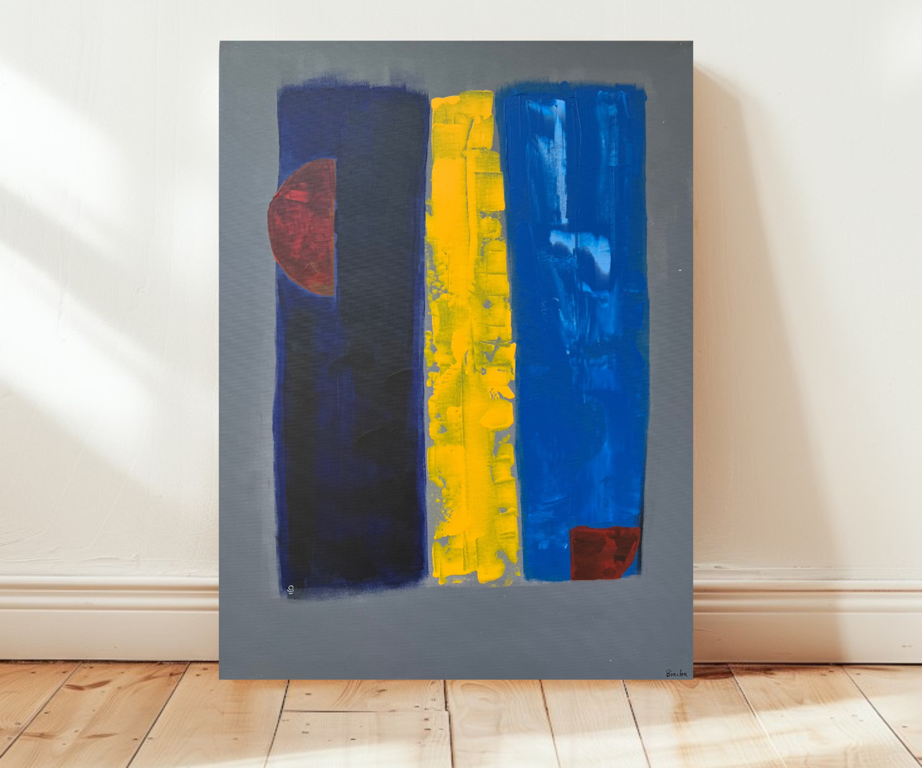 Tableau abstrait acrylique jaune, gris et bleu